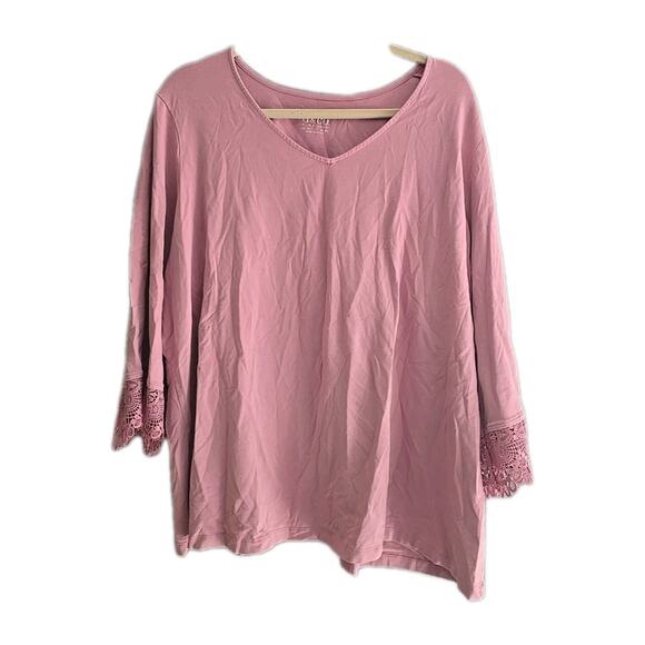 Denim & Co. Tops - Denim & Co.‎ Pink V-Neck Lace Detail 3/4 Sleeve Casual Top Womans Plus Size 3X